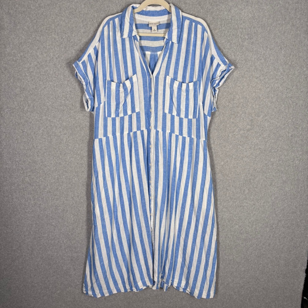 Ava Viv Linen Midi Shirt Dress 1X Blue White Striped Pockets Cover Up Resortwear